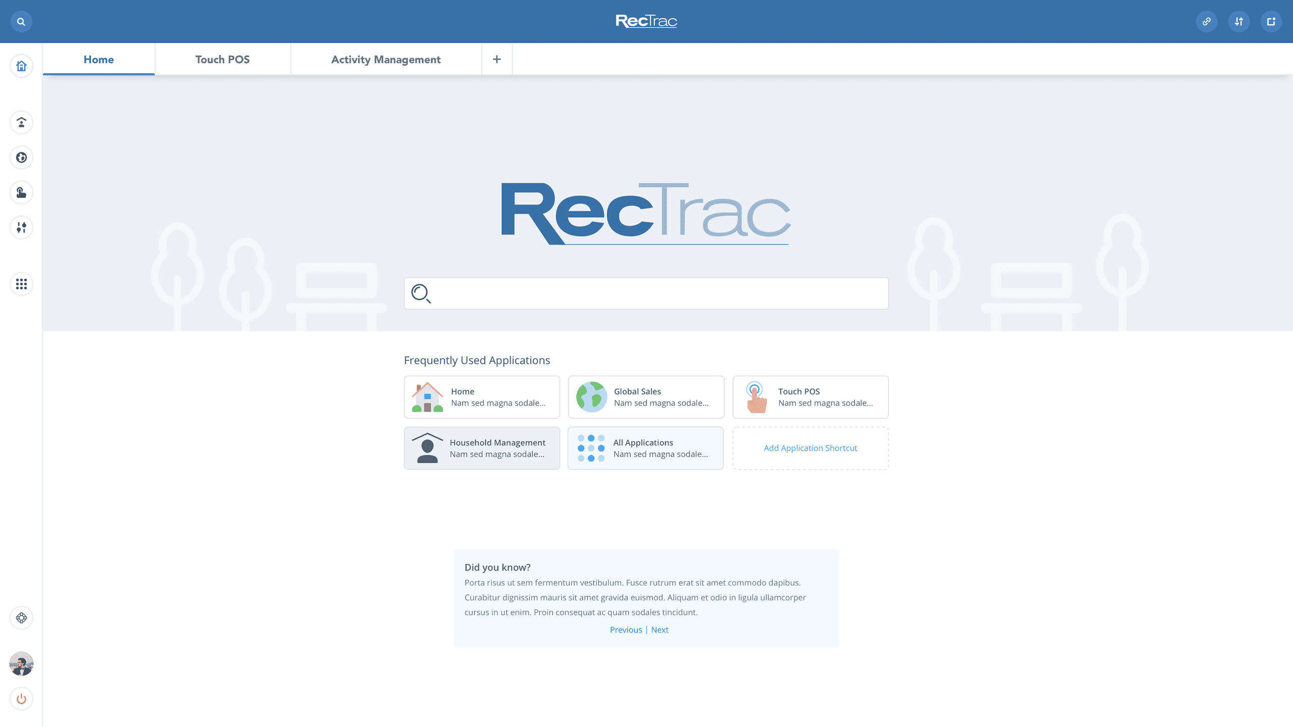 This is the first screen users will see after logging into a freshly set up RecTrac instance. 